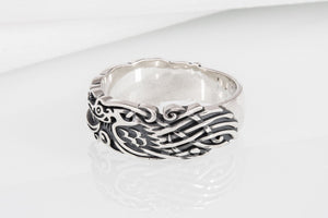 Sterling silver Viking ring with Ravens and unique ornament, handcrafted ancient style jewelry - vikingworkshop