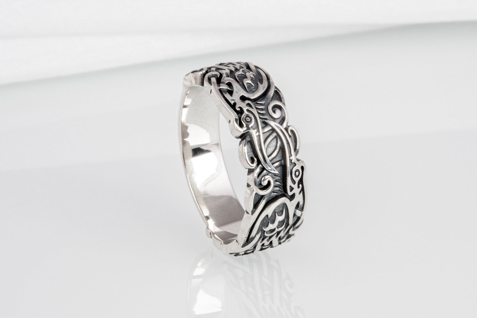 Sterling silver Viking ring with Ravens and unique ornament, handcrafted ancient style jewelry - vikingworkshop