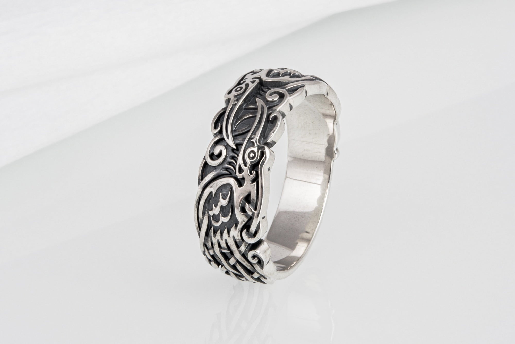 Sterling silver Viking ring with Ravens and unique ornament, handcrafted ancient style jewelry - vikingworkshop