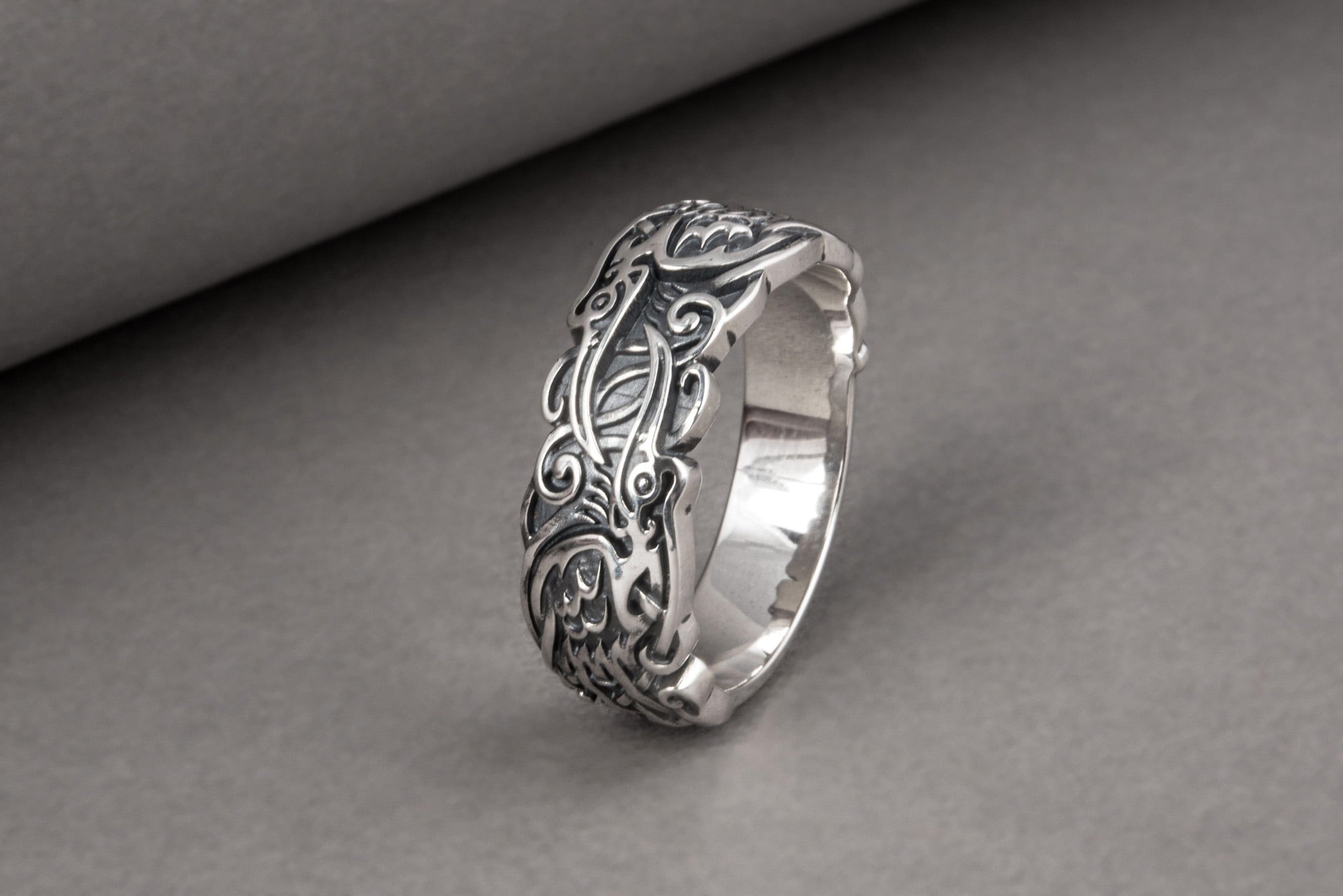 Sterling silver Viking ring with Ravens and unique ornament, handcrafted ancient style jewelry - vikingworkshop