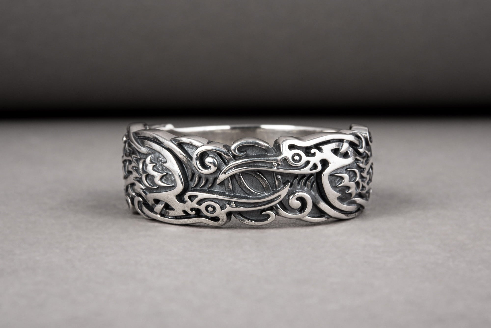 Sterling silver Viking ring with Ravens and unique ornament, handcrafted ancient style jewelry - vikingworkshop