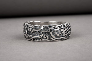 Sterling silver Viking ring with Ravens and unique ornament, handcrafted ancient style jewelry - vikingworkshop