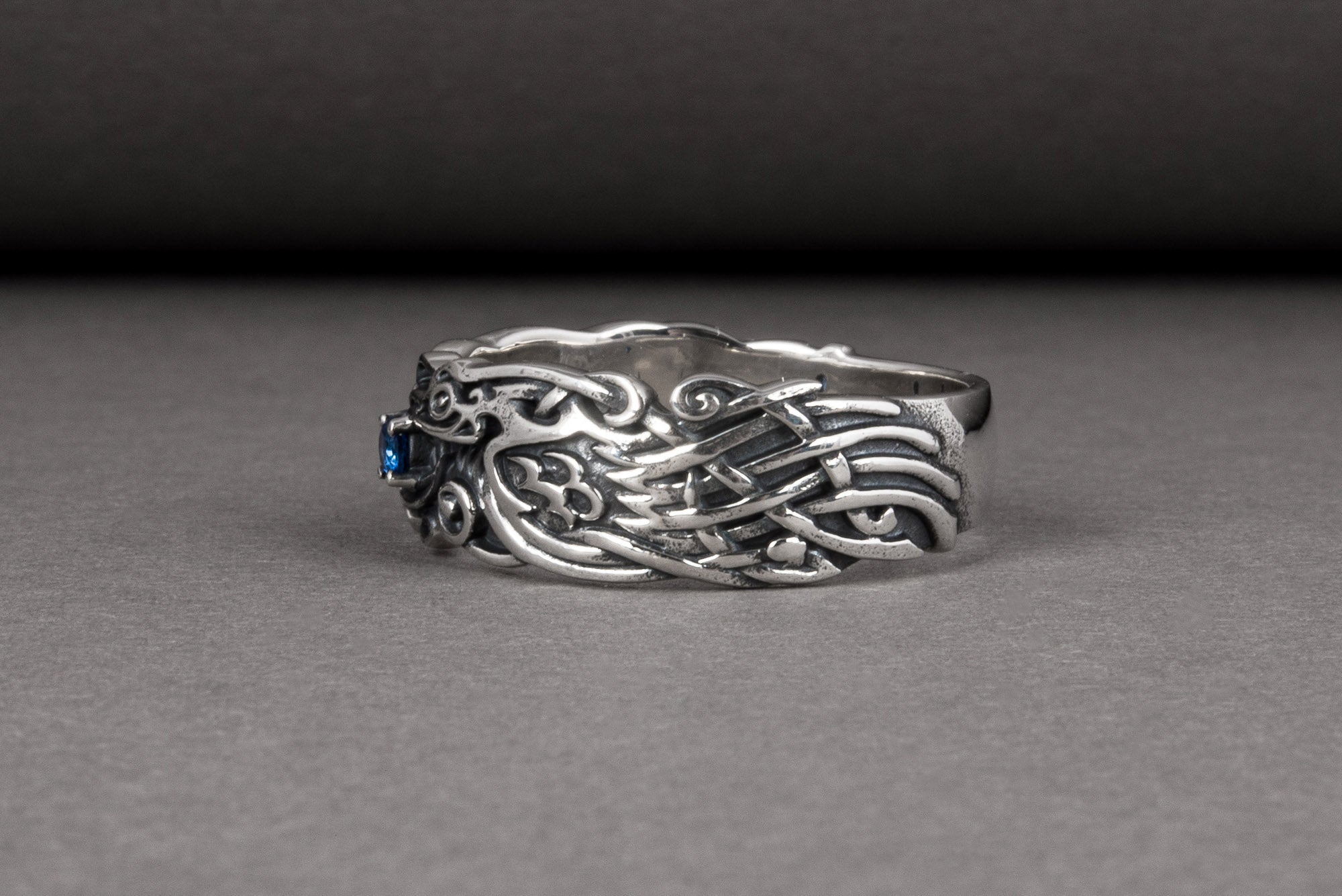 Handcrafted 925 silver Viking ring with Ravens and unique ornament, ancient norse jewelry - vikingworkshop