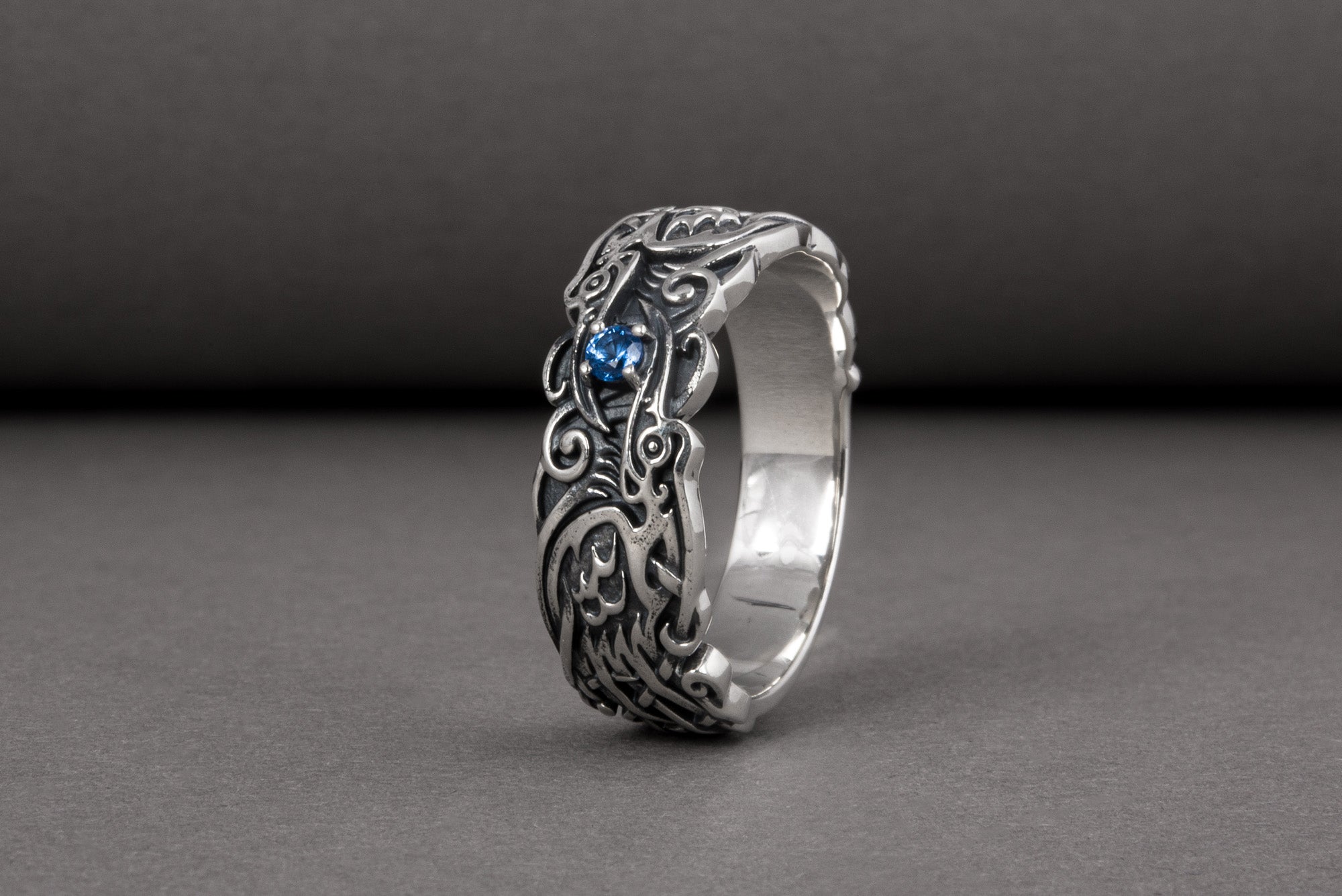 Handcrafted 925 silver Viking ring with Ravens and unique ornament, ancient norse jewelry - vikingworkshop