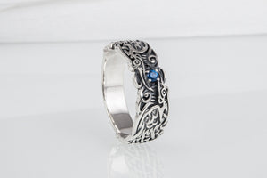 Handcrafted 925 silver Viking ring with Ravens and unique ornament, ancient norse jewelry - vikingworkshop