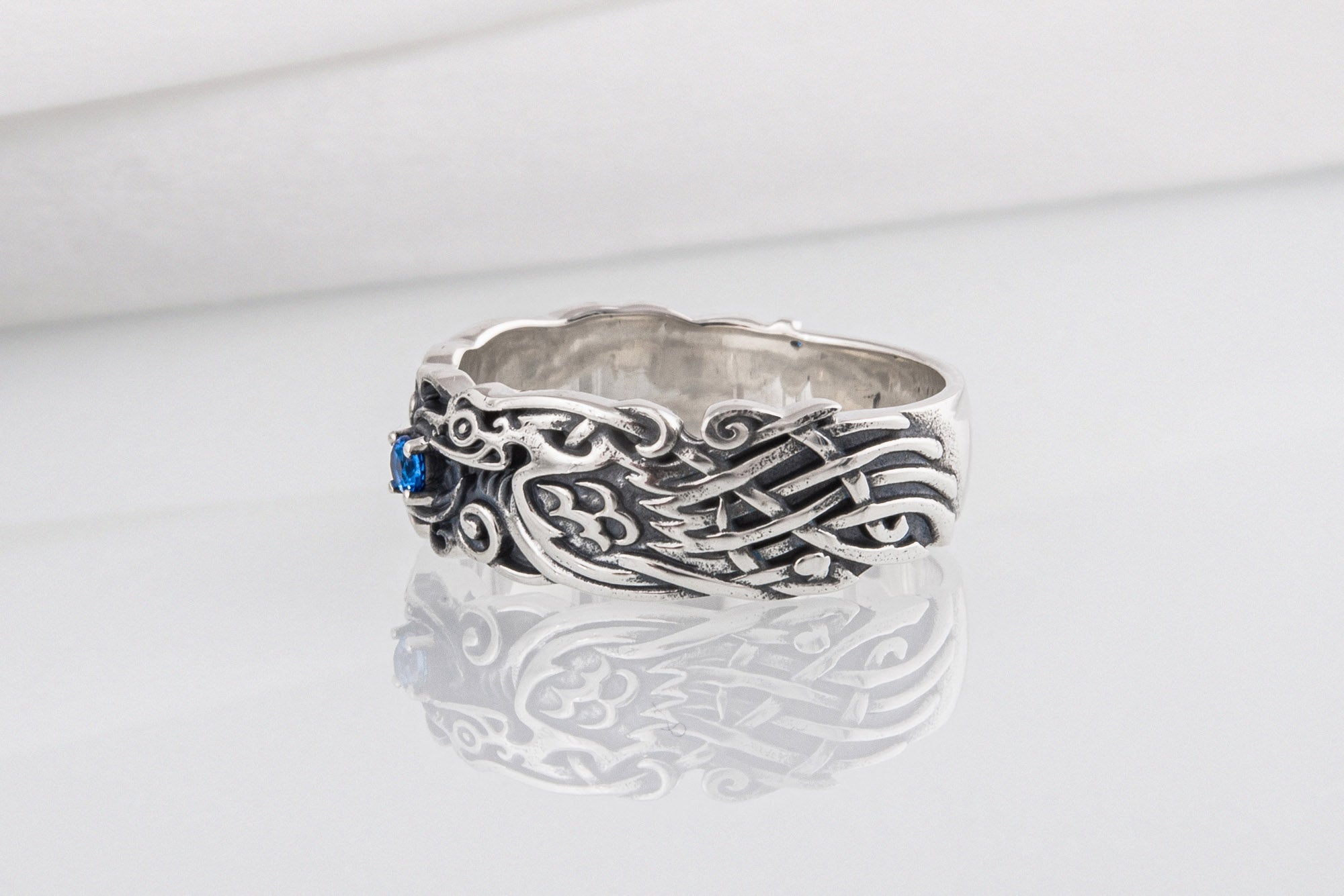 Handcrafted 925 silver Viking ring with Ravens and unique ornament, ancient norse jewelry - vikingworkshop