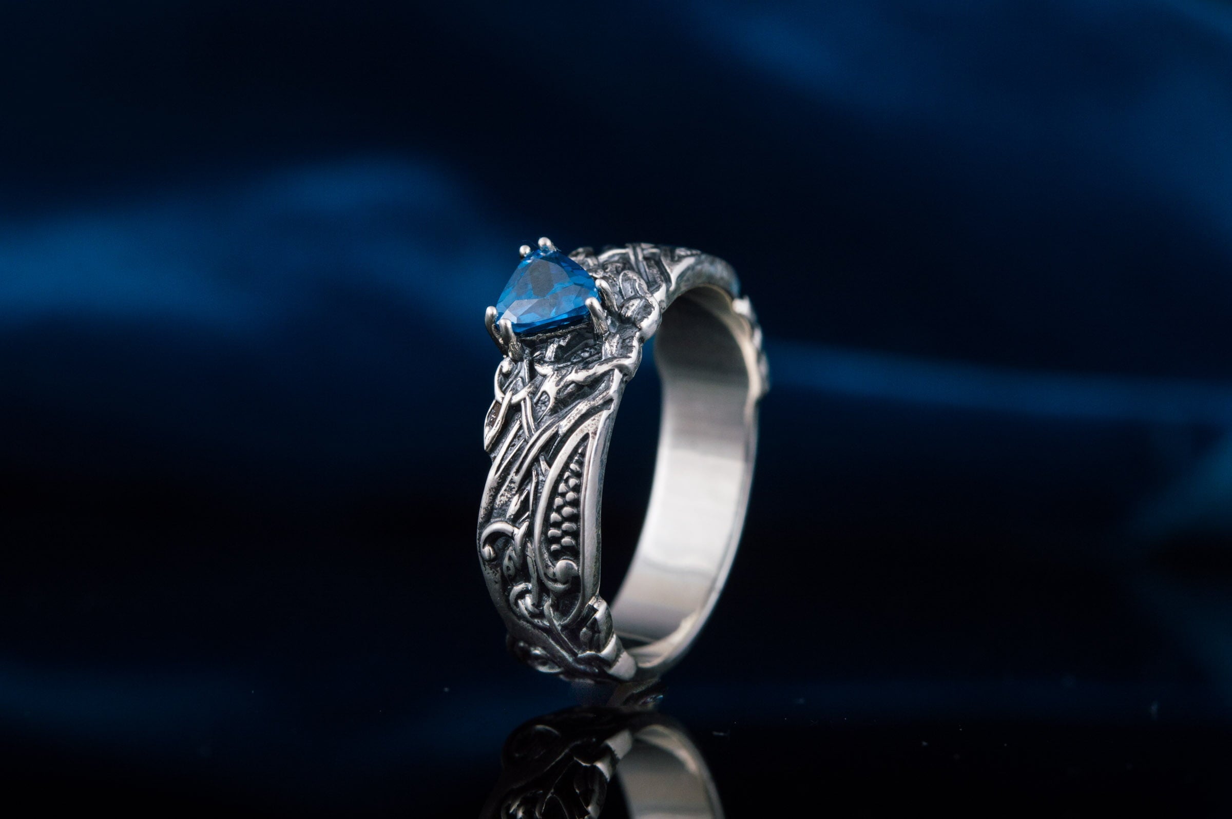 Ornament Ring with Blue Gem Sterling Silver Jewelry - vikingworkshop