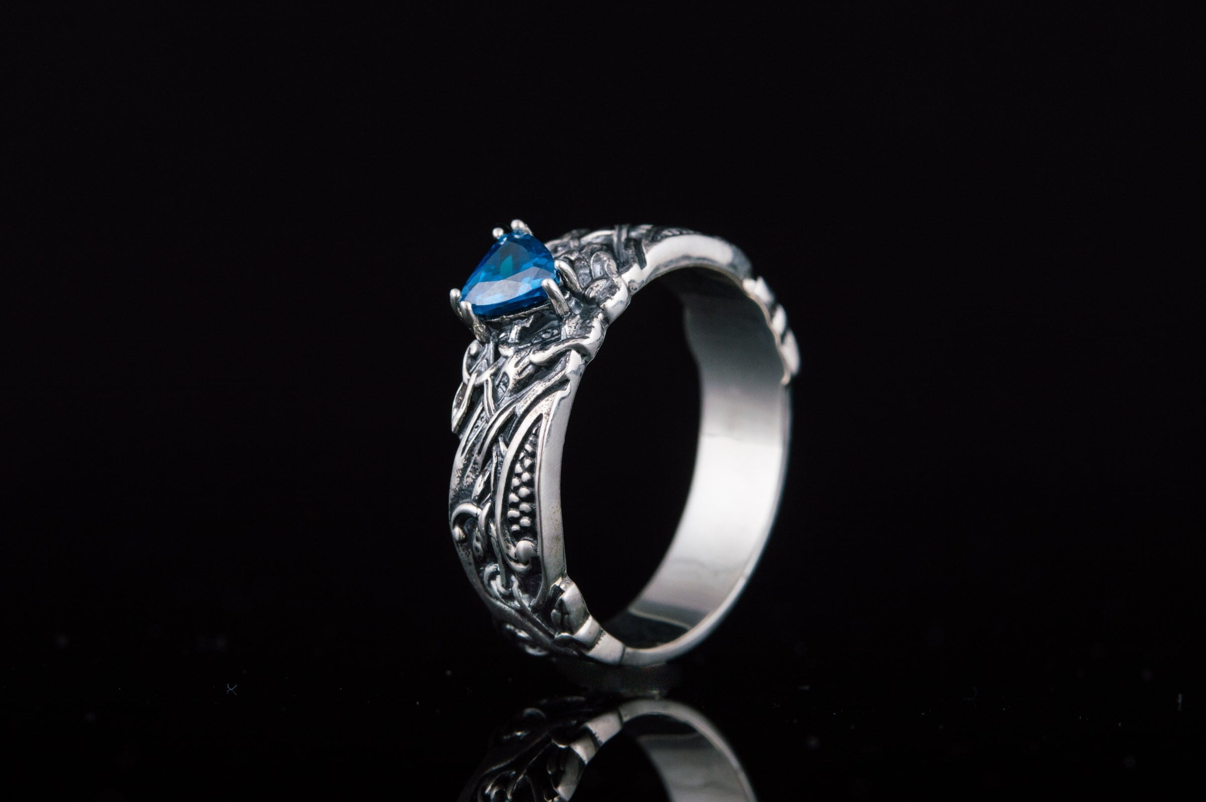 Ornament Ring with Blue Gem Sterling Silver Jewelry - vikingworkshop