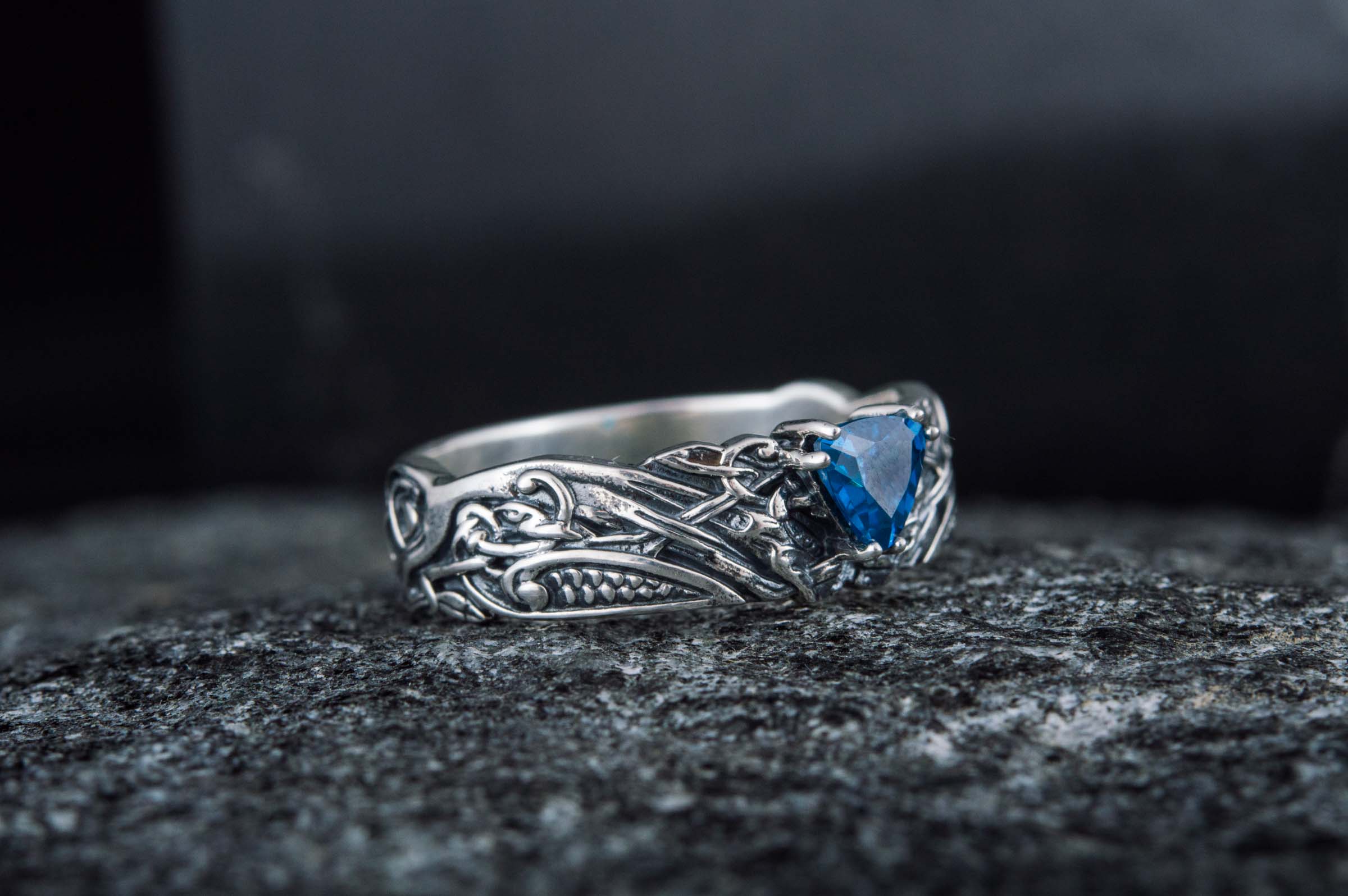 Ornament Ring with Blue Gem Sterling Silver Jewelry - vikingworkshop