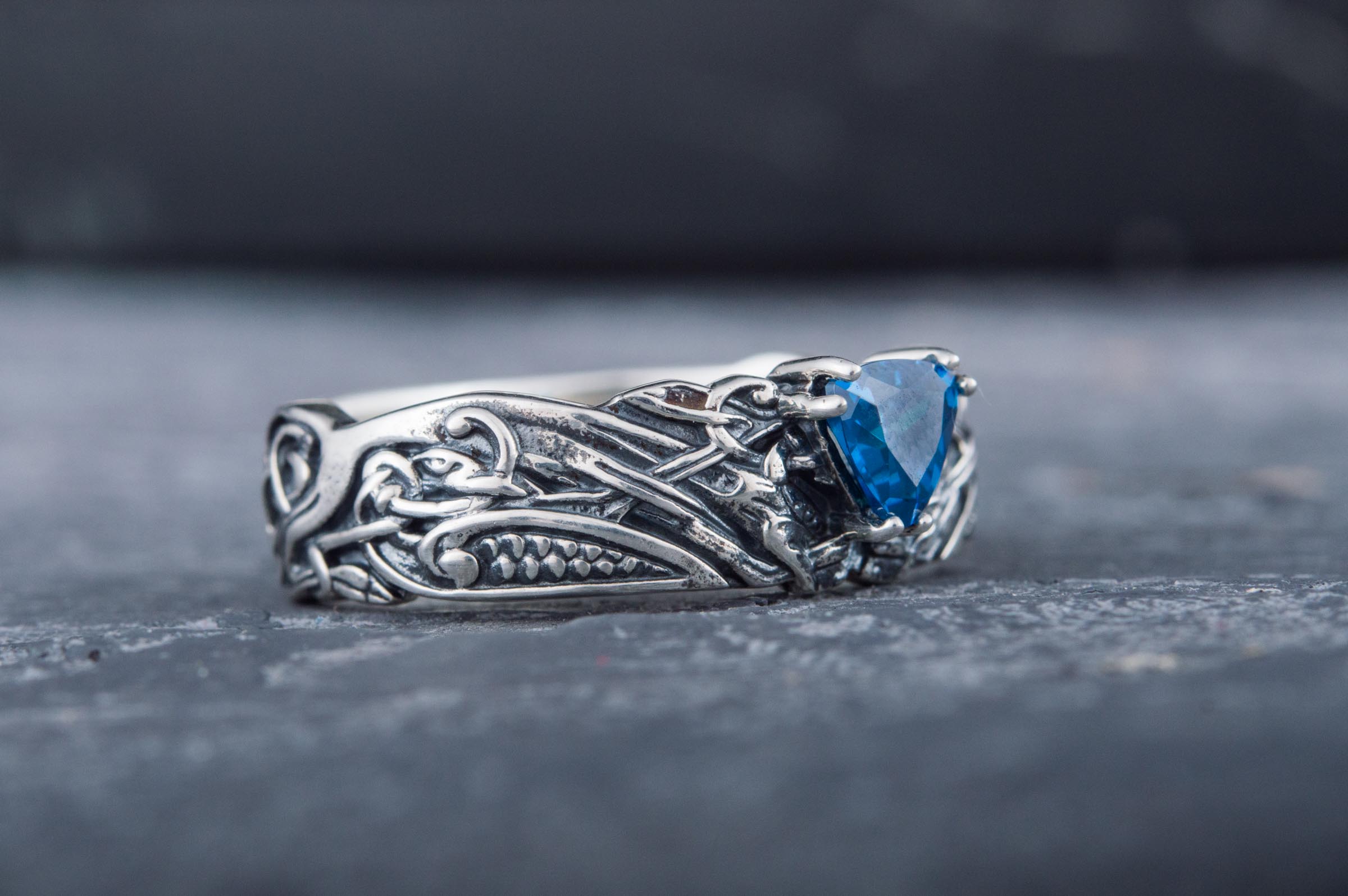 Ornament Ring with Blue Gem Sterling Silver Jewelry - vikingworkshop