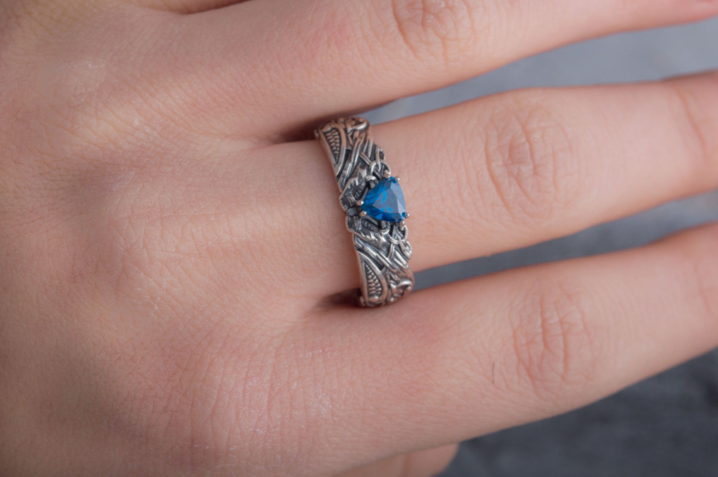 Ornament Ring with Blue Gem Sterling Silver Jewelry - vikingworkshop