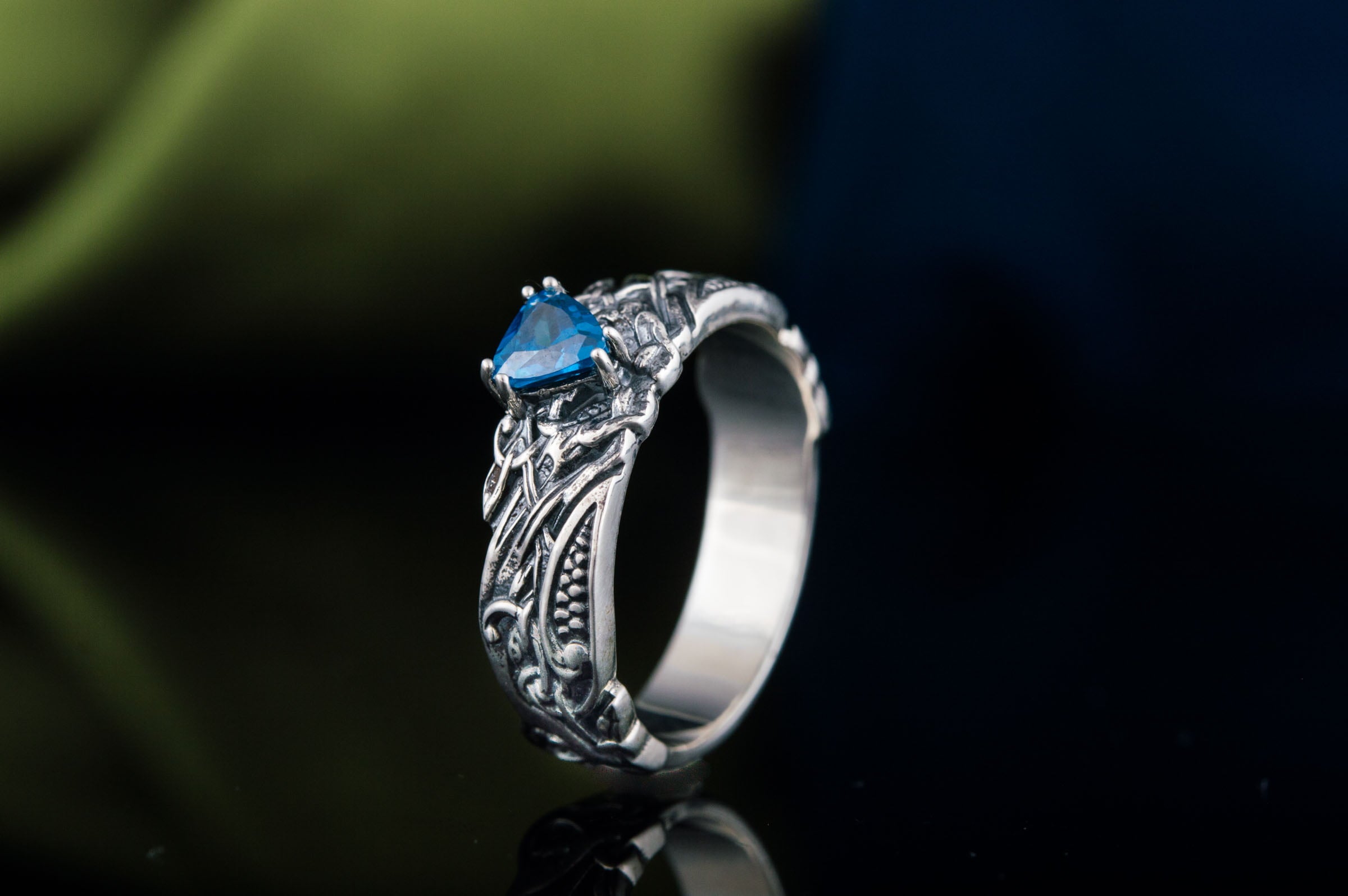 Ornament Ring with Blue Gem Sterling Silver Jewelry - vikingworkshop