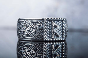 Viking Ring with Raido Rune and Norse Ornament Sterling Silver Jewelry - vikingworkshop