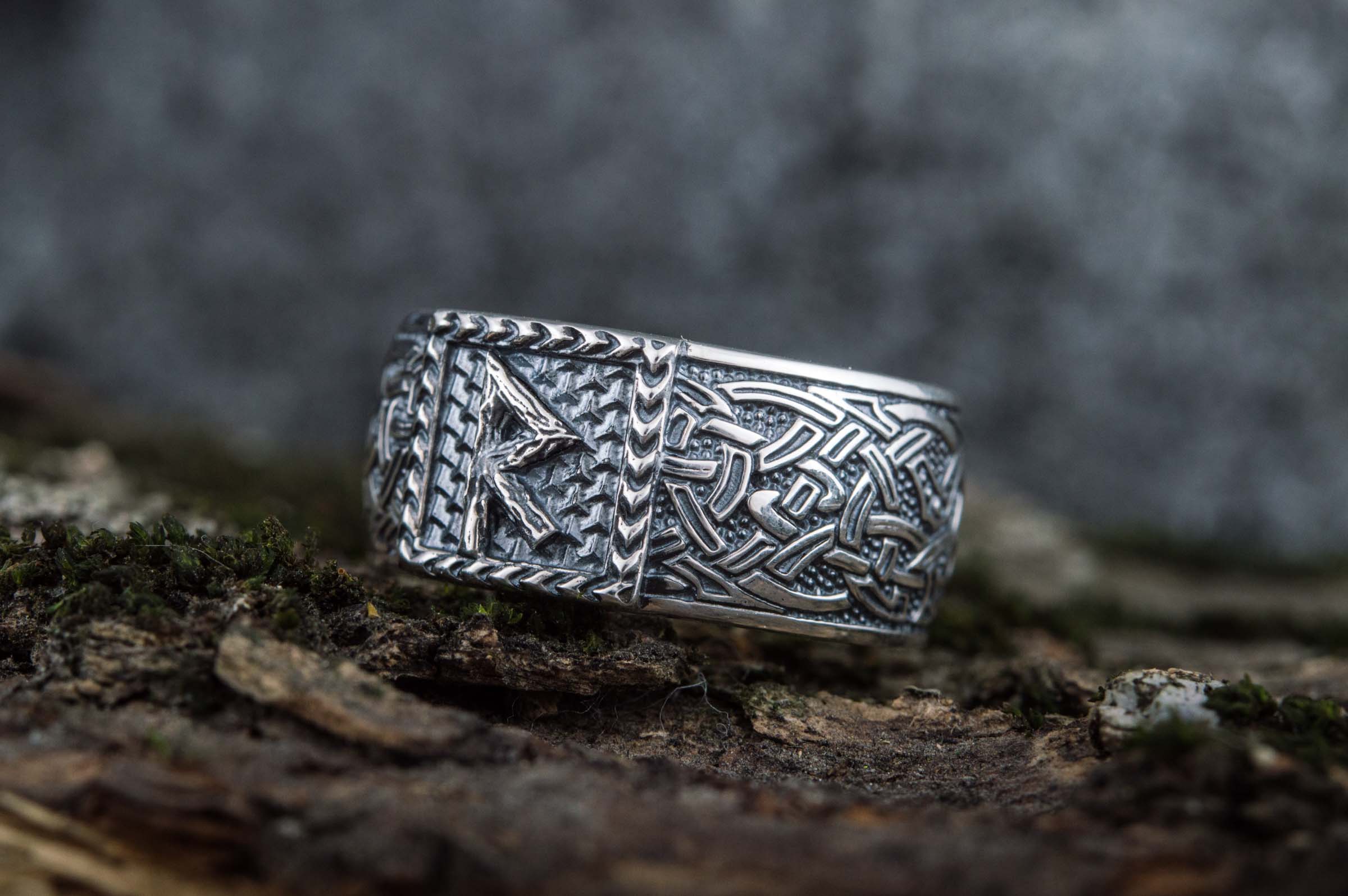 Viking Ring with Raido Rune and Norse Ornament Sterling Silver Jewelry - vikingworkshop