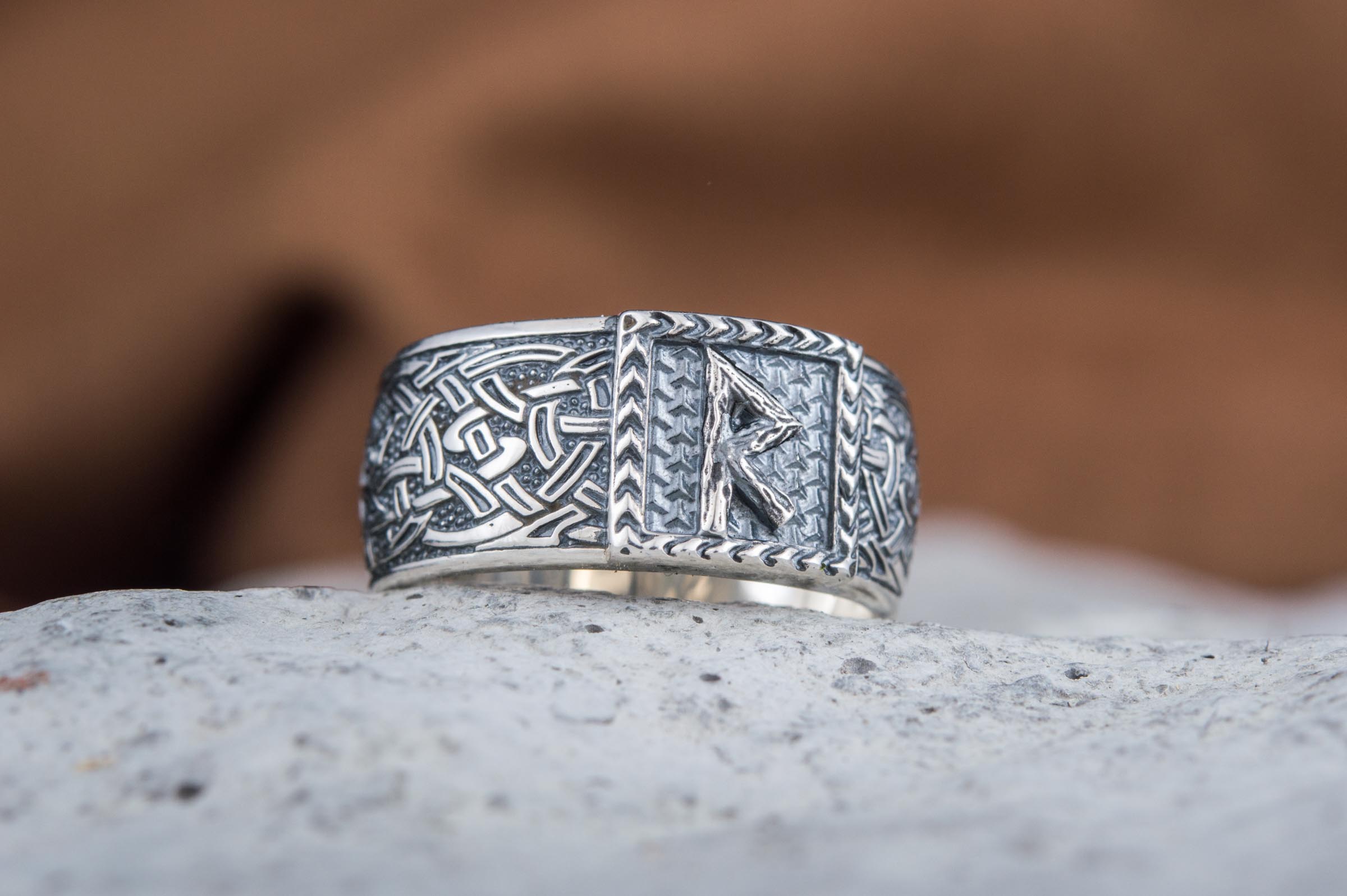 Viking Ring with Raido Rune and Norse Ornament Sterling Silver Jewelry - vikingworkshop