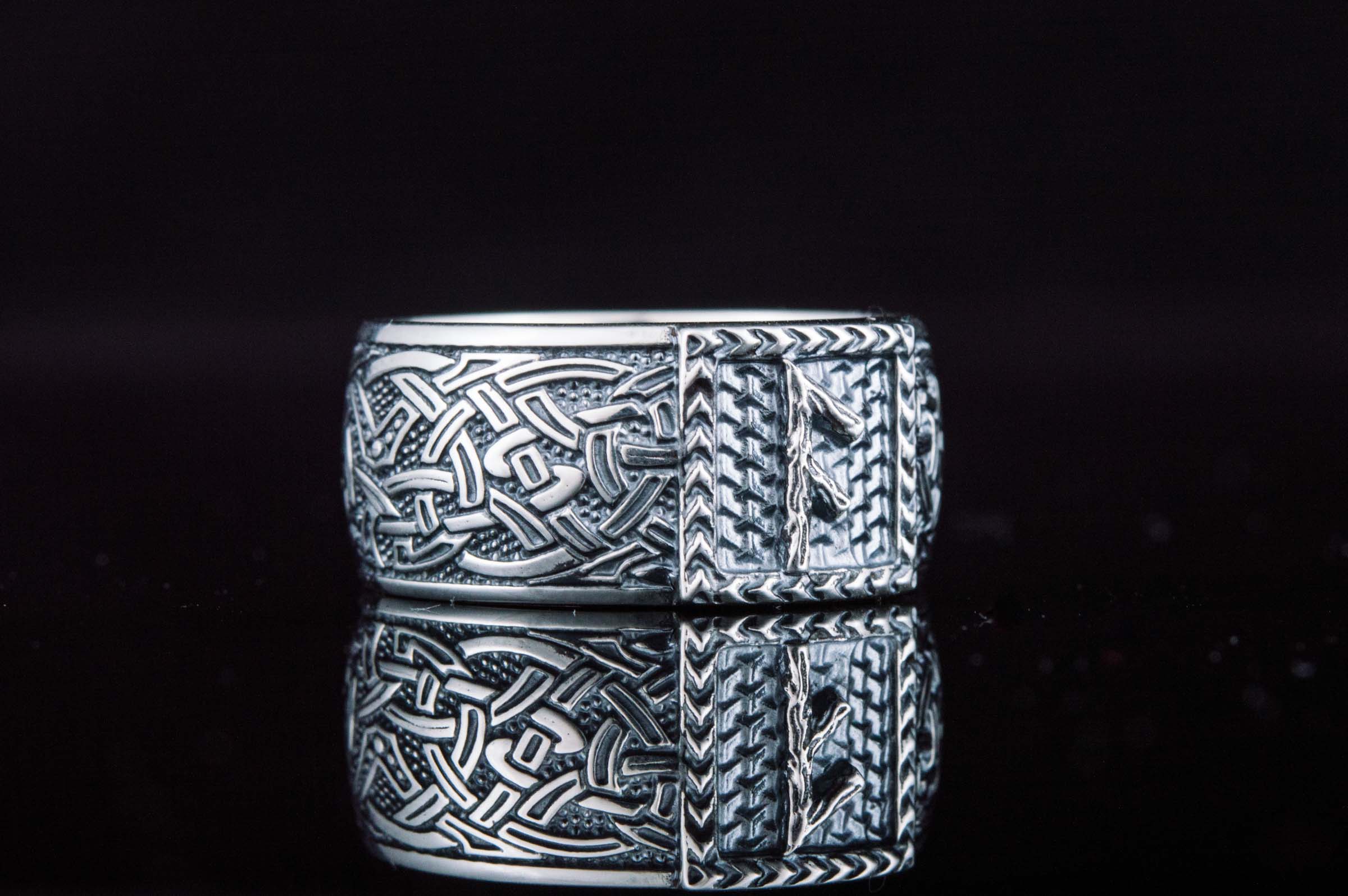 Viking Ring with Ansuz Rune and Norse Ornament Sterling Silver Jewelry - vikingworkshop