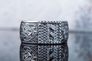 Viking Ring with Ansuz Rune and Norse Ornament Sterling Silver Jewelry - vikingworkshop