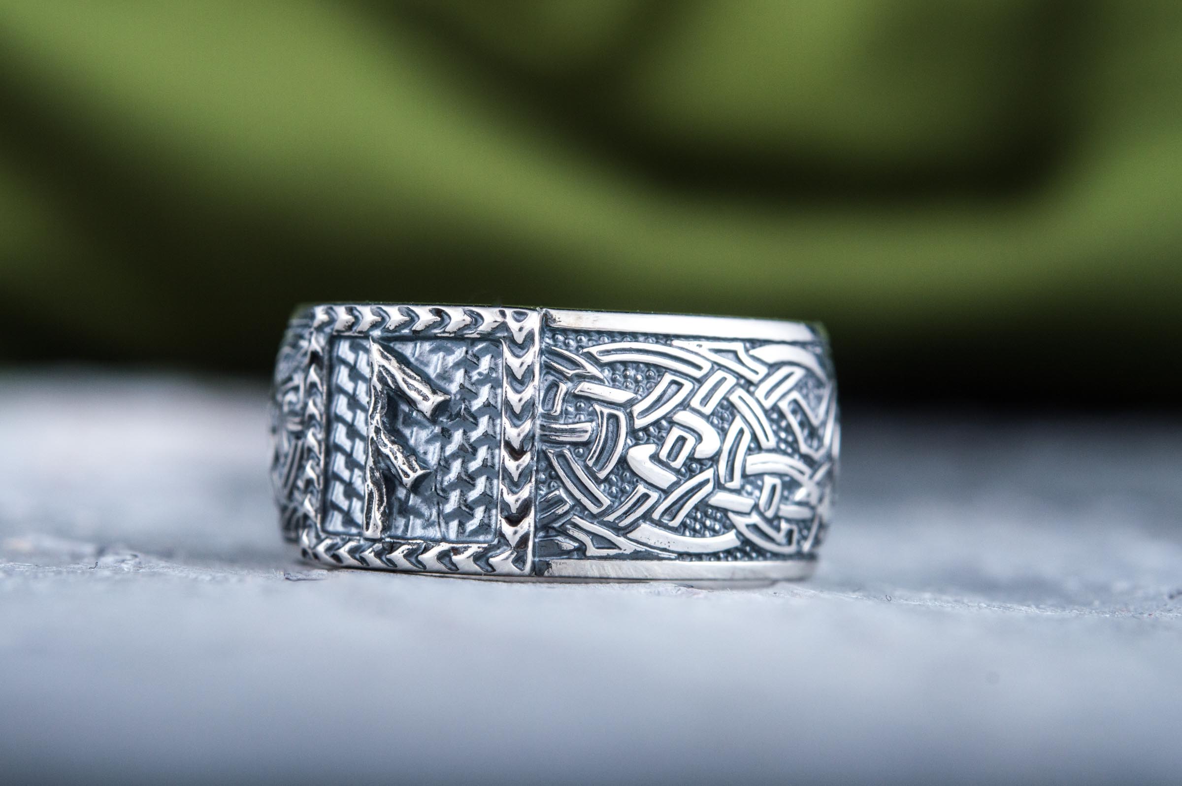 Viking Ring with Ansuz Rune and Norse Ornament Sterling Silver Jewelry - vikingworkshop