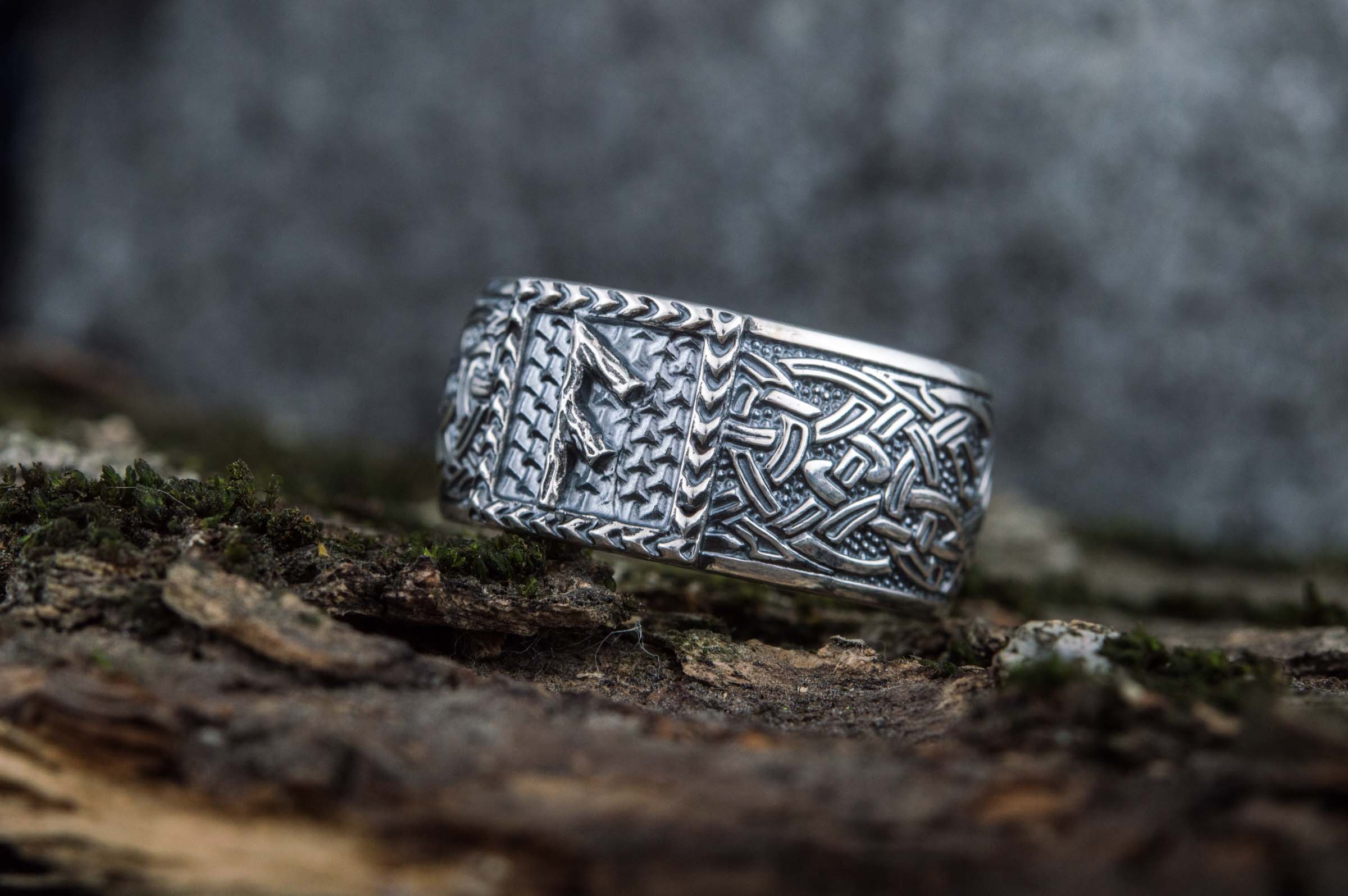 Viking Ring with Ansuz Rune and Norse Ornament Sterling Silver Jewelry - vikingworkshop