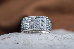 Viking Ring with Ansuz Rune and Norse Ornament Sterling Silver Jewelry - vikingworkshop