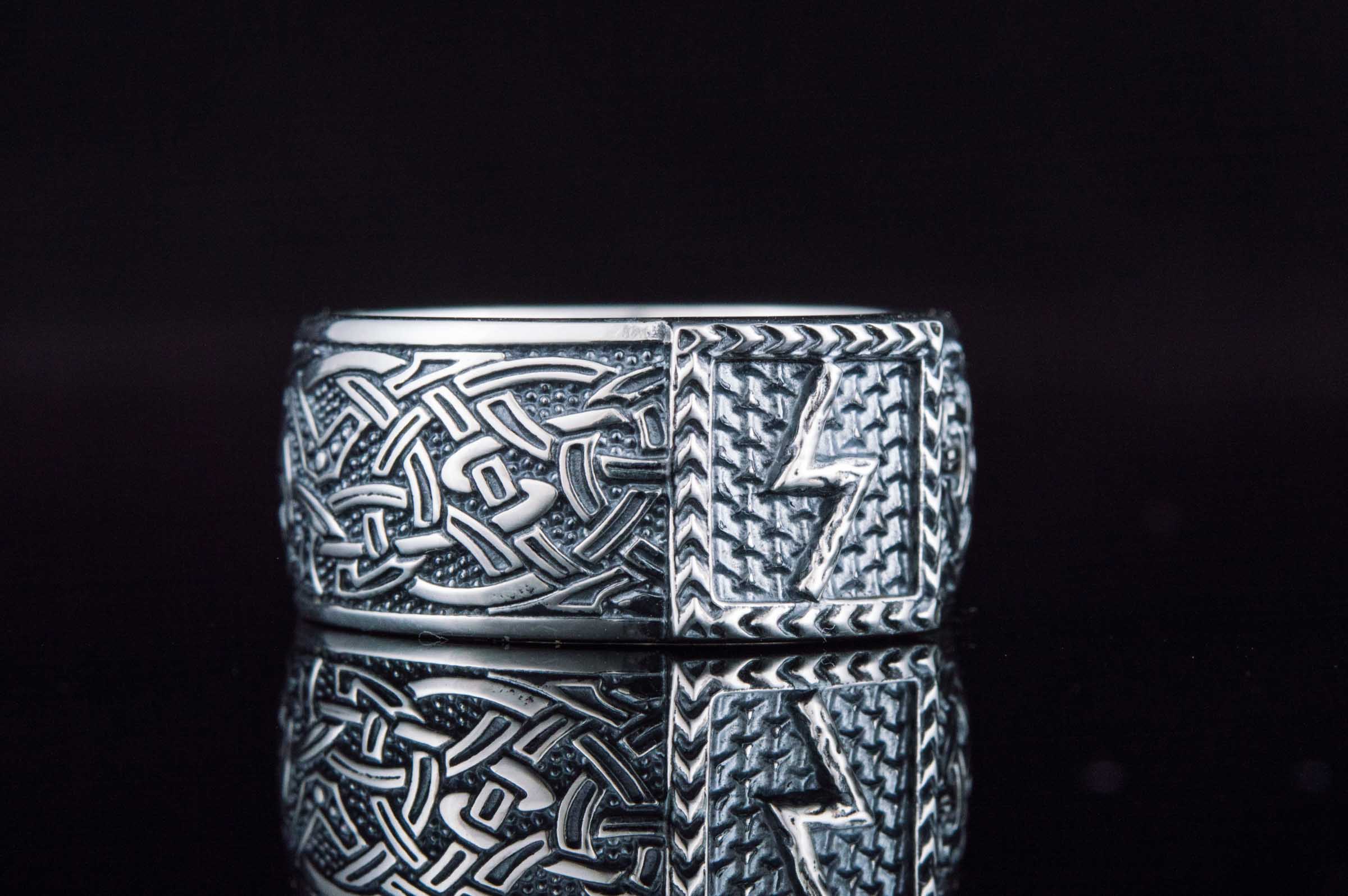 Viking Ring with Sowulo Rune and Norse Ornament Sterling Silver Jewelry - vikingworkshop