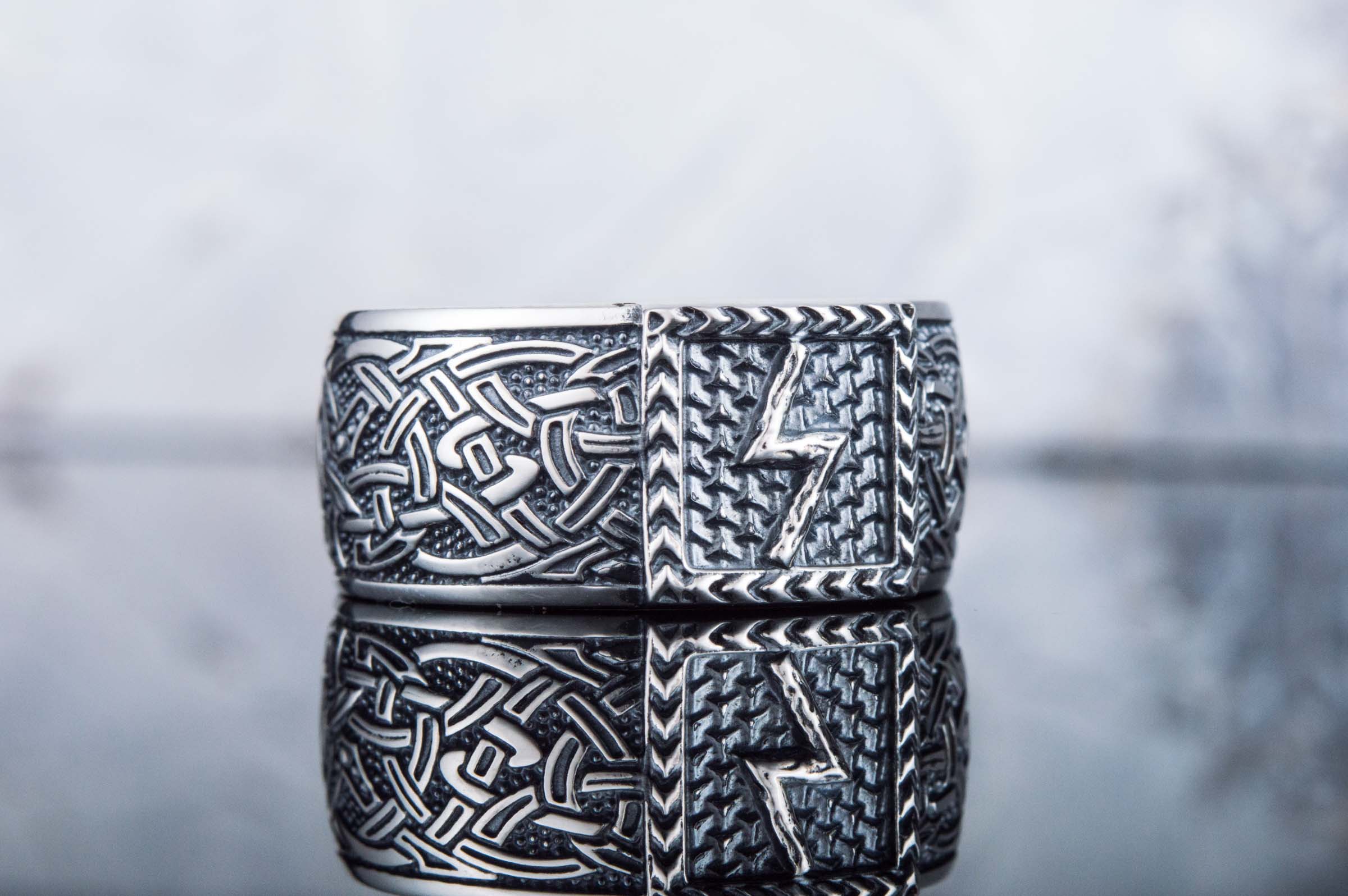 Viking Ring with Sowulo Rune and Norse Ornament Sterling Silver Jewelry - vikingworkshop