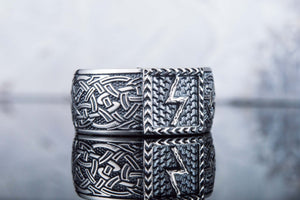 Viking Ring with Sowulo Rune and Norse Ornament Sterling Silver Jewelry - vikingworkshop