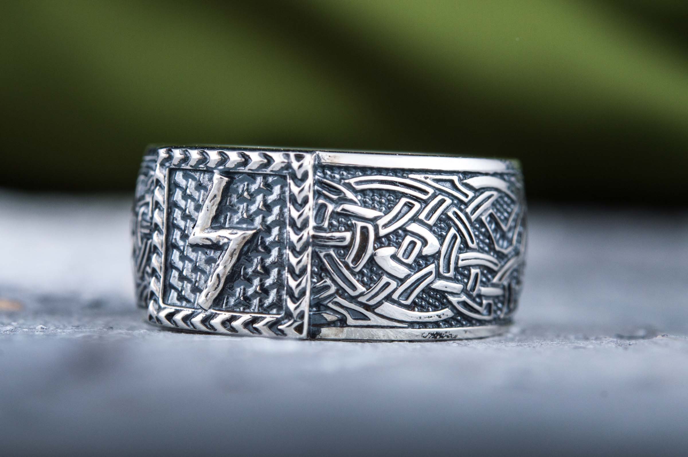 Viking Ring with Sowulo Rune and Norse Ornament Sterling Silver Jewelry - vikingworkshop