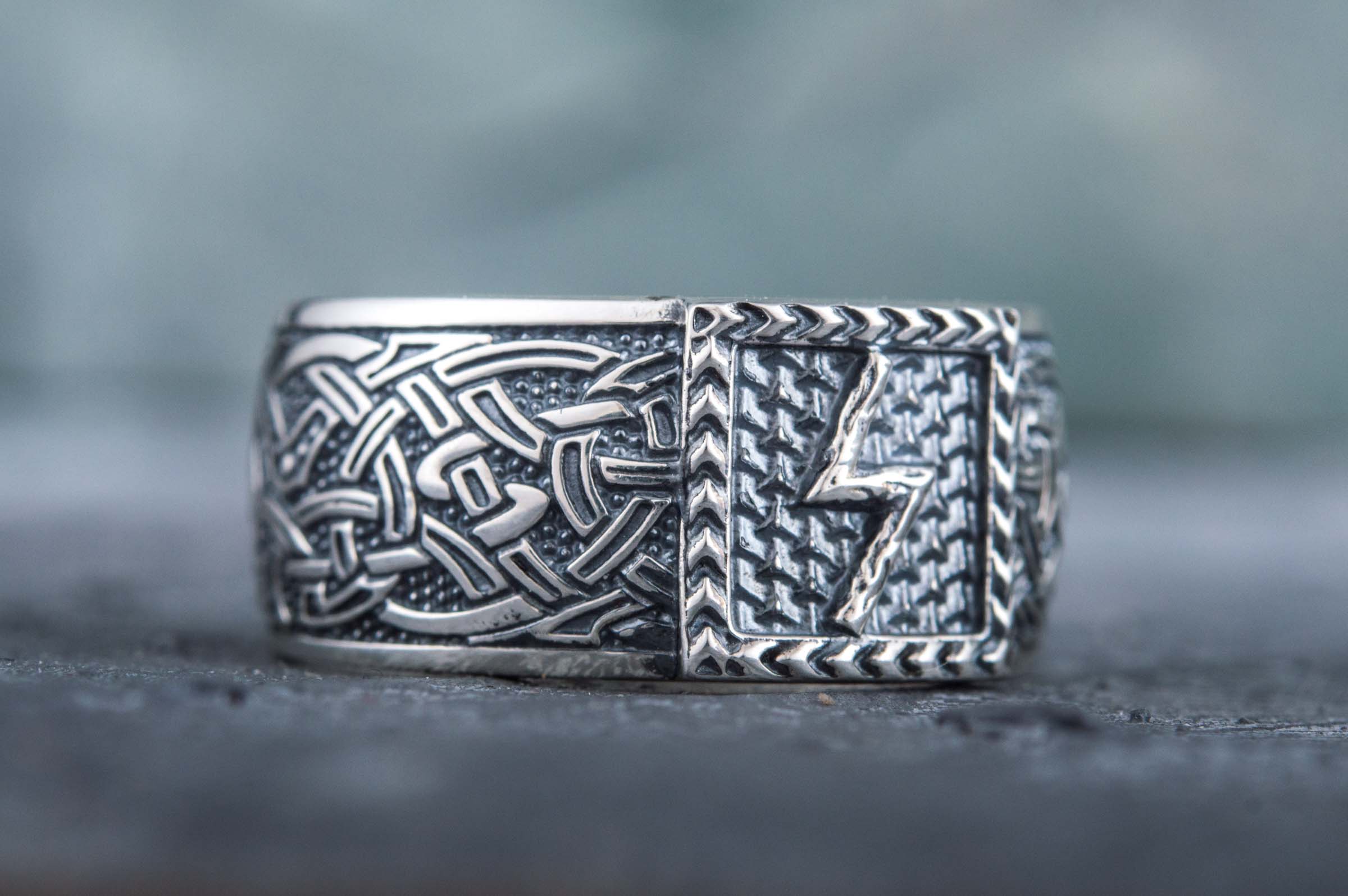 Viking Ring with Sowulo Rune and Norse Ornament Sterling Silver Jewelry - vikingworkshop