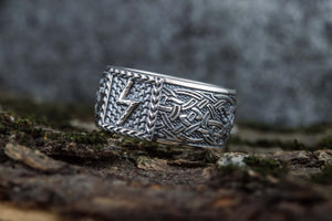 Viking Ring with Sowulo Rune and Norse Ornament Sterling Silver Jewelry - vikingworkshop