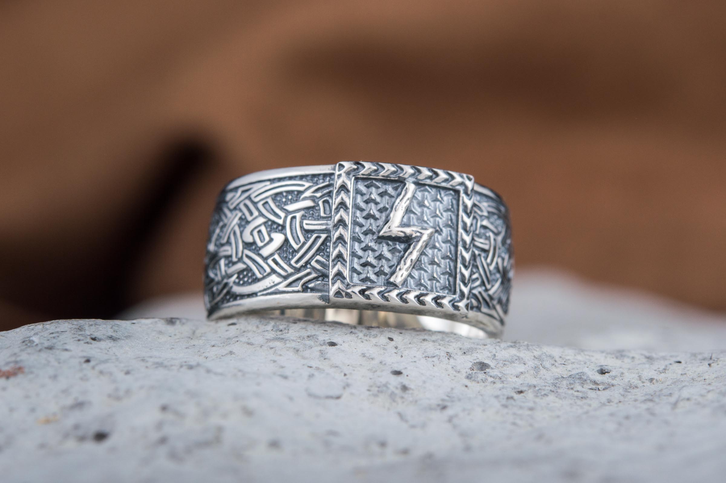 Viking Ring with Sowulo Rune and Norse Ornament Sterling Silver Jewelry - vikingworkshop