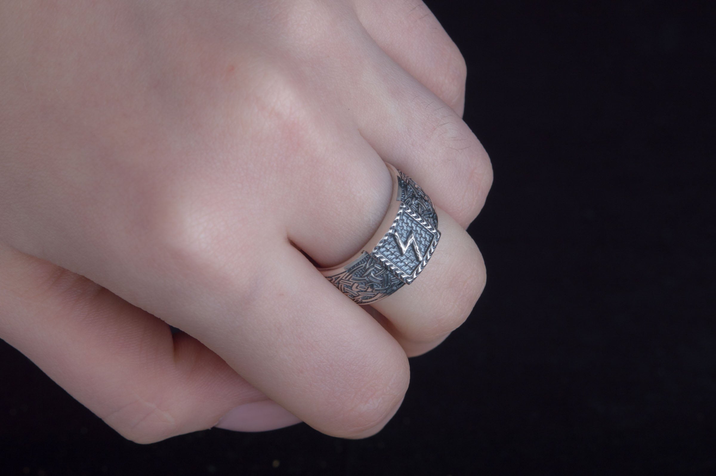 Viking Ring with Sowulo Rune and Norse Ornament Sterling Silver Jewelry - vikingworkshop