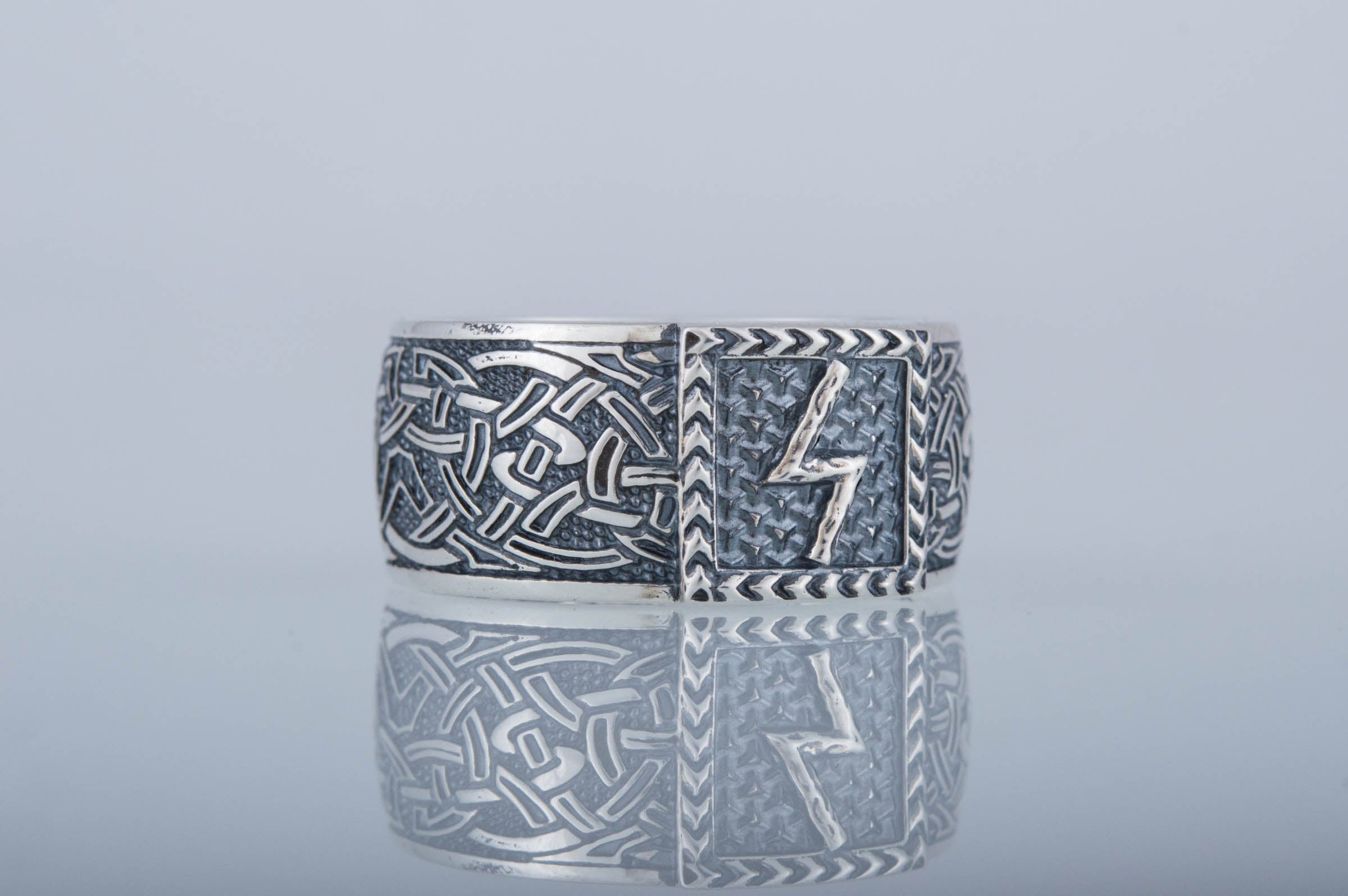 Viking Ring with Sowulo Rune and Norse Ornament Sterling Silver Jewelry - vikingworkshop