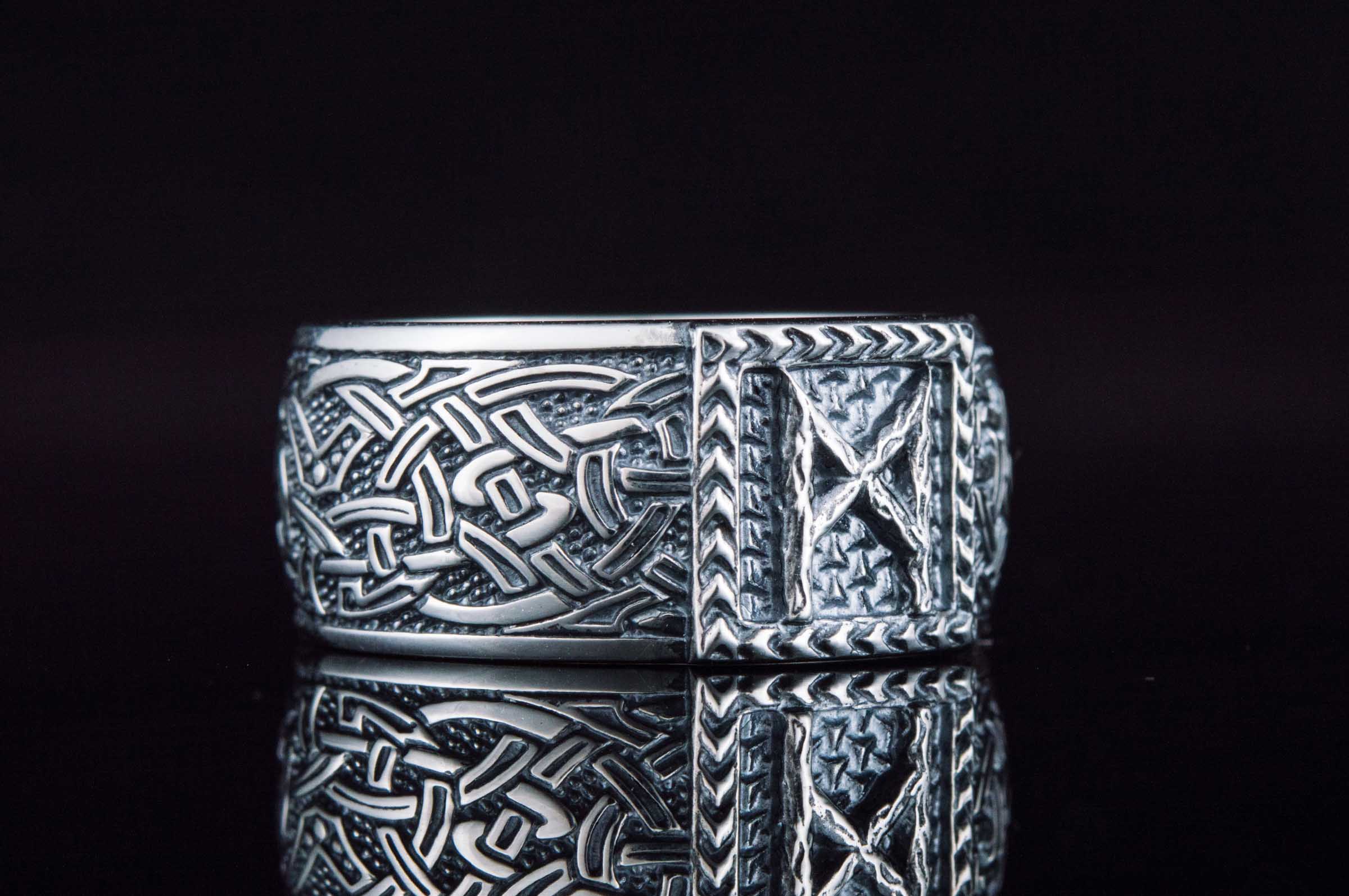 Viking Ring with Mannaz Rune and Norse Ornament Sterling Silver Jewelry - vikingworkshop