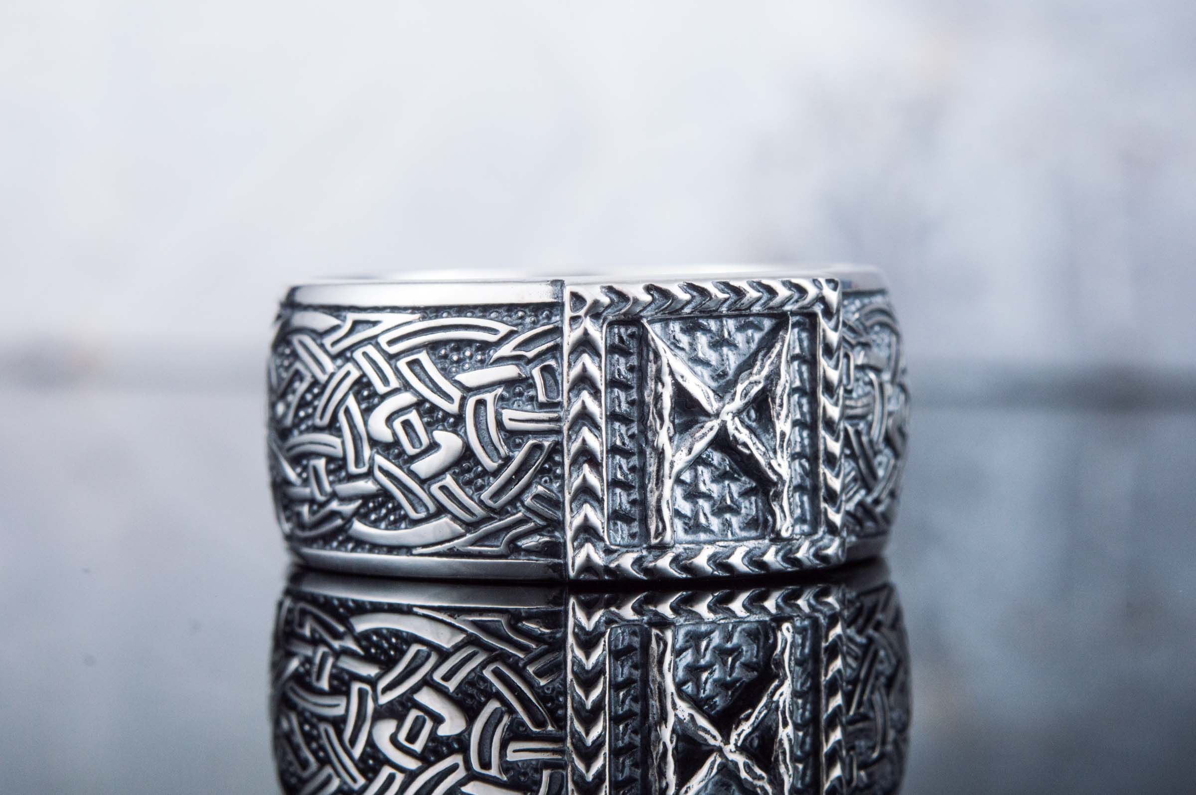 Viking Ring with Mannaz Rune and Norse Ornament Sterling Silver Jewelry - vikingworkshop