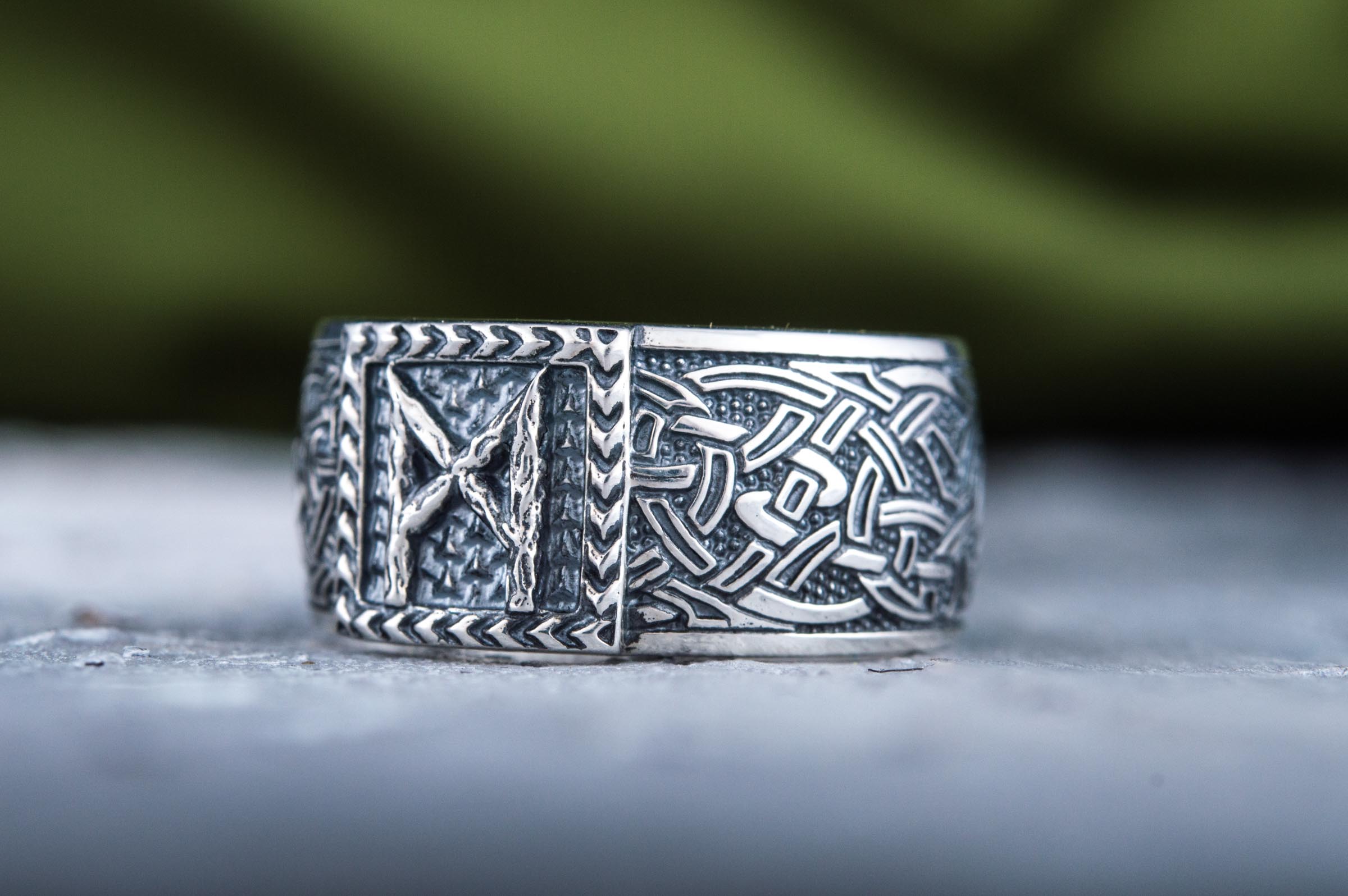 Viking Ring with Mannaz Rune and Norse Ornament Sterling Silver Jewelry - vikingworkshop