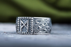 Viking Ring with Mannaz Rune and Norse Ornament Sterling Silver Jewelry - vikingworkshop