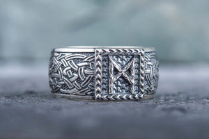 Viking Ring with Mannaz Rune and Norse Ornament Sterling Silver Jewelry - vikingworkshop