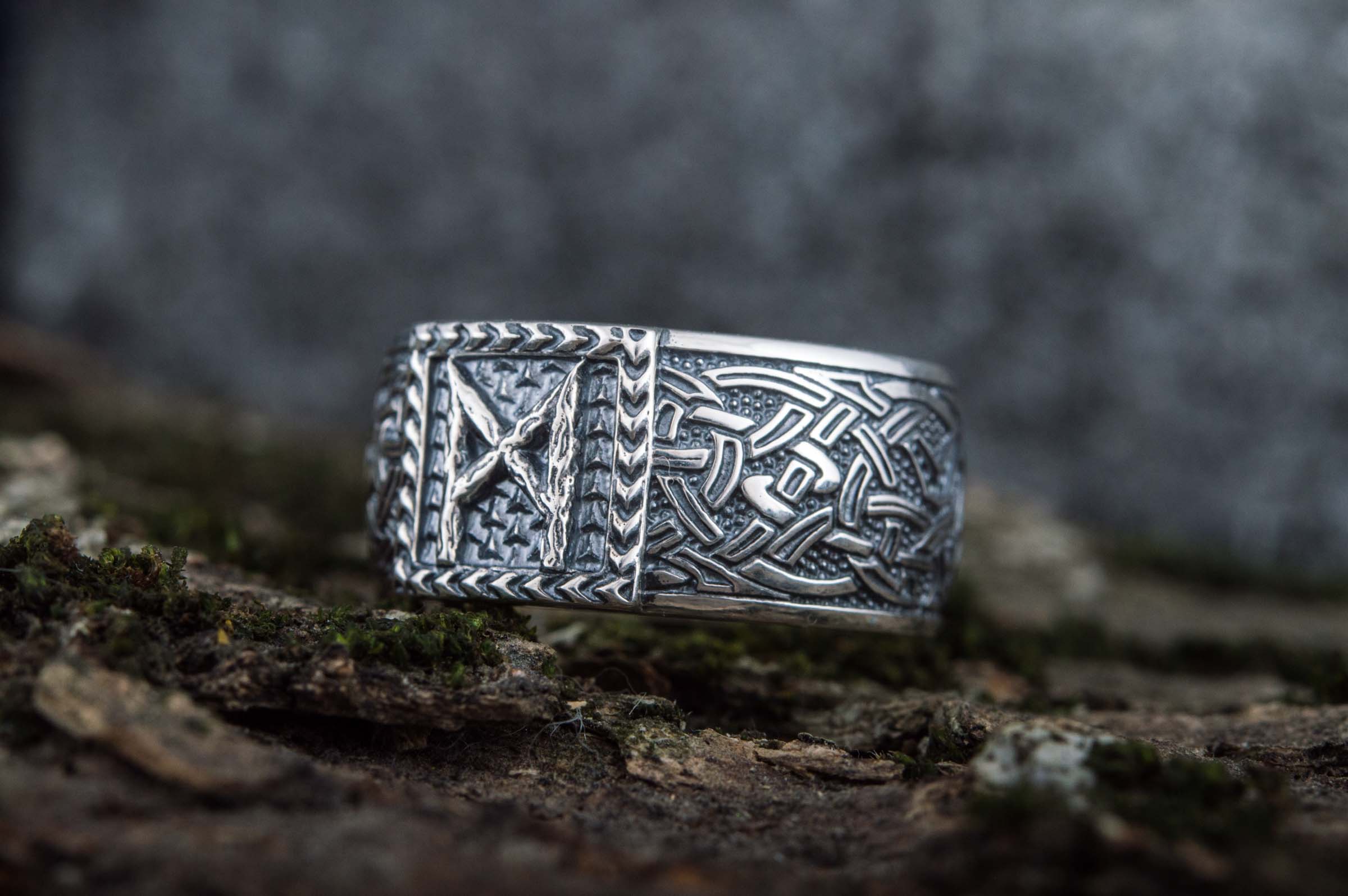 Viking Ring with Mannaz Rune and Norse Ornament Sterling Silver Jewelry - vikingworkshop