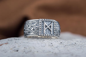 Viking Ring with Mannaz Rune and Norse Ornament Sterling Silver Jewelry - vikingworkshop