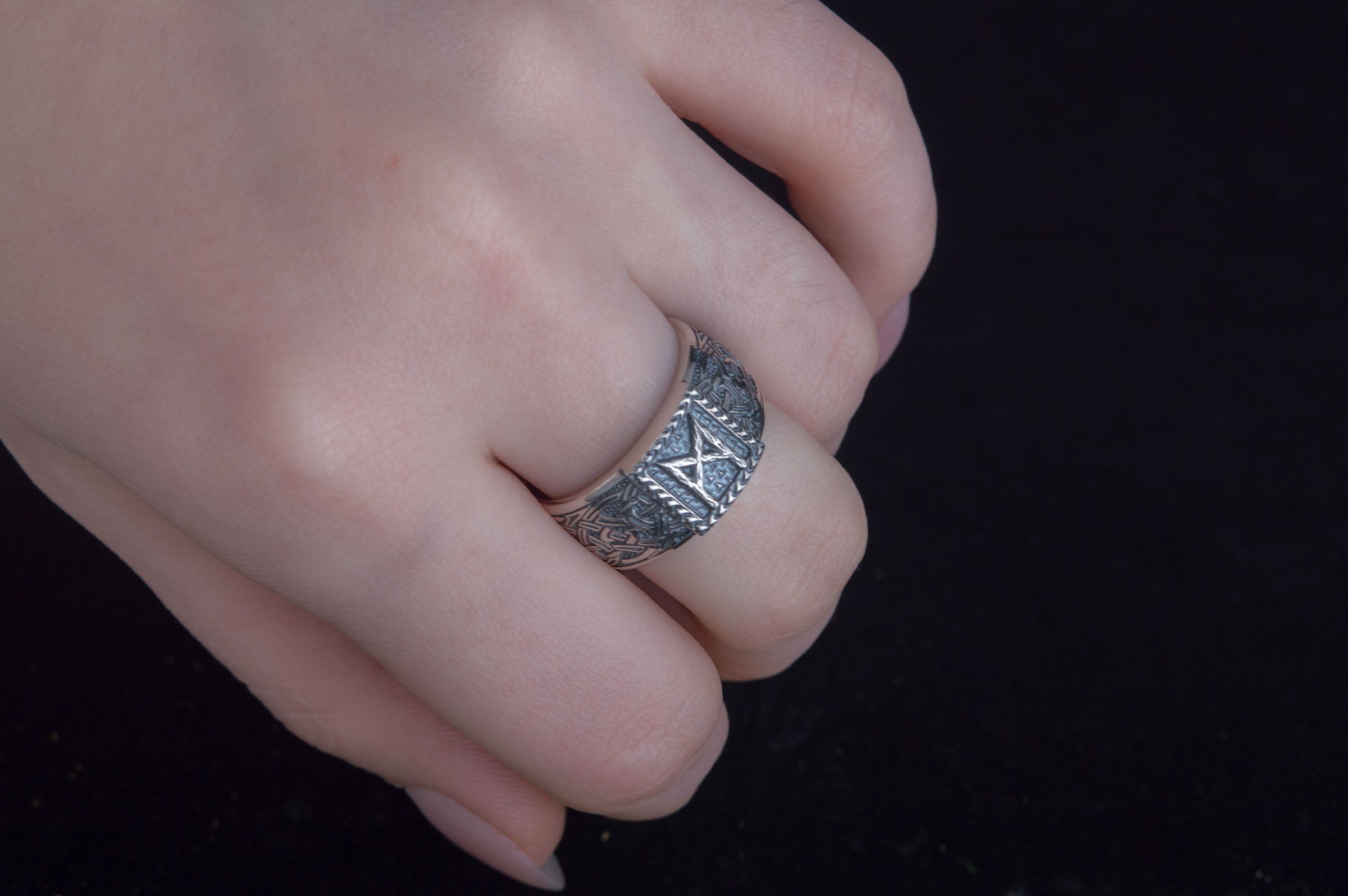 Viking Ring with Mannaz Rune and Norse Ornament Sterling Silver Jewelry - vikingworkshop