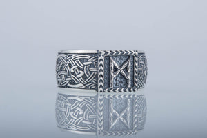 Viking Ring with Mannaz Rune and Norse Ornament Sterling Silver Jewelry - vikingworkshop