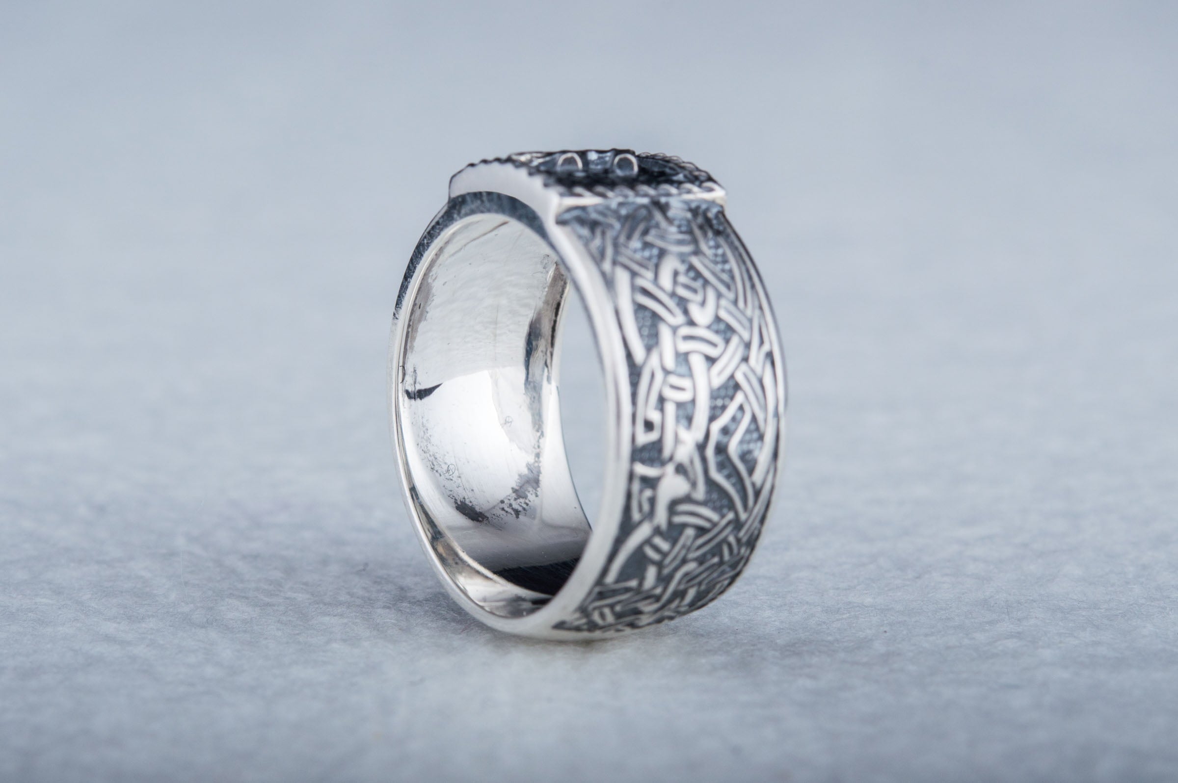 Viking Ring with Mannaz Rune and Norse Ornament Sterling Silver Jewelry - vikingworkshop