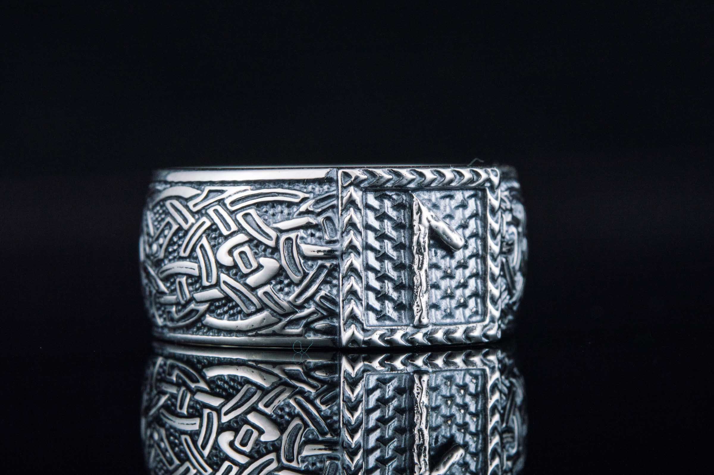 Viking Ring with Laguz Rune and Norse Ornament Sterling Silver Jewelry - vikingworkshop