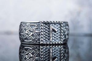 Viking Ring with Laguz Rune and Norse Ornament Sterling Silver Jewelry - vikingworkshop