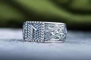 Viking Ring with Laguz Rune and Norse Ornament Sterling Silver Jewelry - vikingworkshop