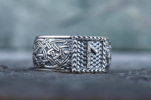 Viking Ring with Laguz Rune and Norse Ornament Sterling Silver Jewelry - vikingworkshop