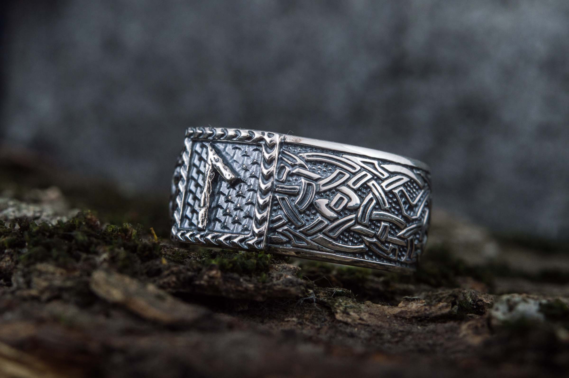 Viking Ring with Laguz Rune and Norse Ornament Sterling Silver Jewelry - vikingworkshop