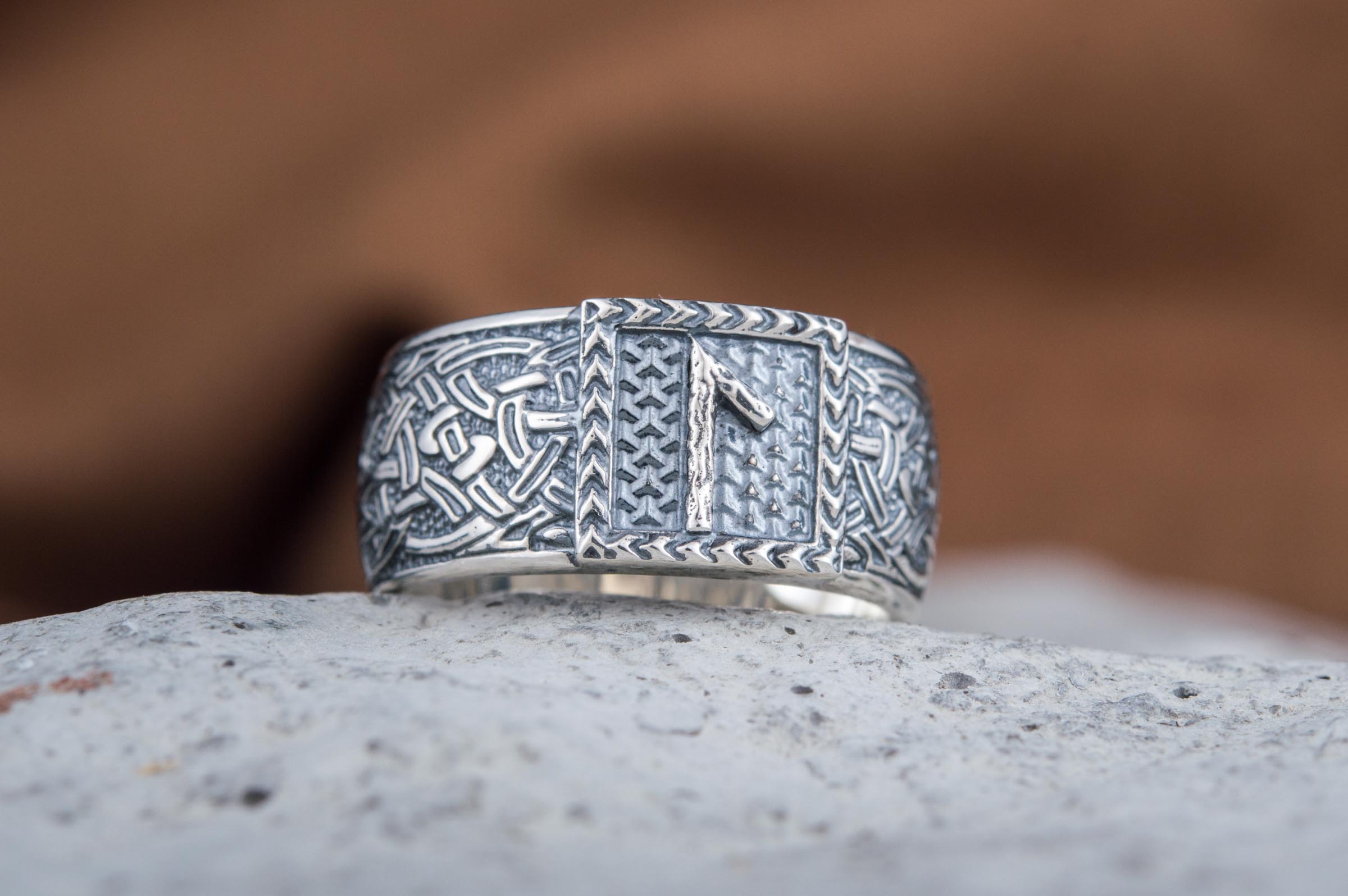 Viking Ring with Laguz Rune and Norse Ornament Sterling Silver Jewelry - vikingworkshop