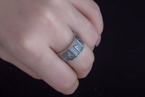 Viking Ring with Laguz Rune and Norse Ornament Sterling Silver Jewelry - vikingworkshop